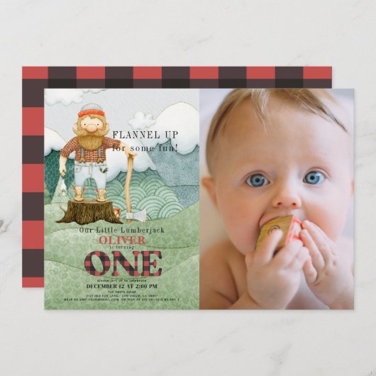 Lumberjack Berge 1. Geburtstag Foto Einladung (Vorne/Hinten)