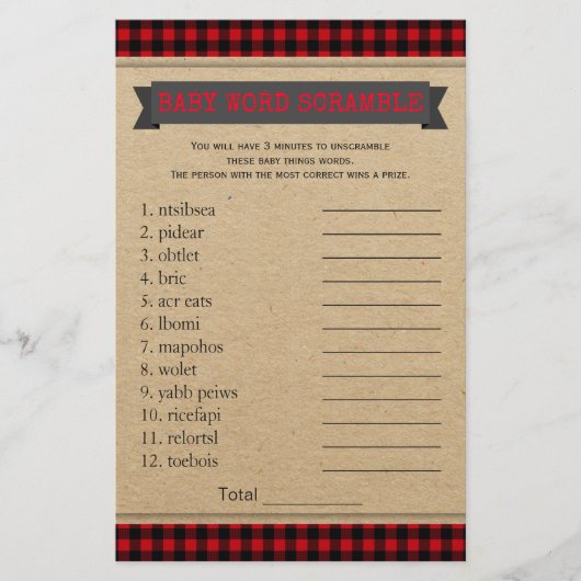 Lumberjack Boho Baby Showspiele Word Scramble (Vorderseite)