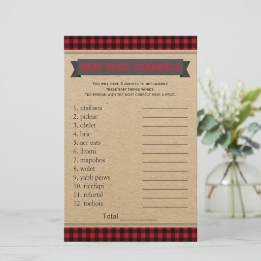 Lumberjack Boho Baby Showspiele Word Scramble (Stehend Vorderseite)