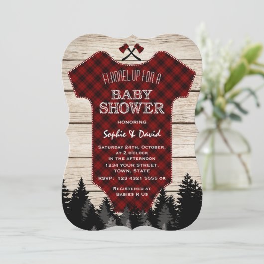 Lumberjack Buffalo Baby Anzug Wood Baby Dusche Einladung (Stehend Vorderseite)