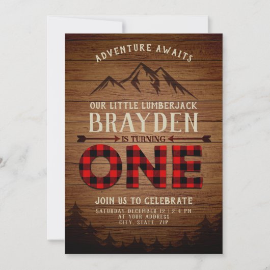 Lumberjack Buffalo Kariert erster Geburtstag Einladung (Vorderseite)