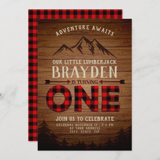 Lumberjack Buffalo Kariert erster Geburtstag Einladung (Vorne/Hinten)