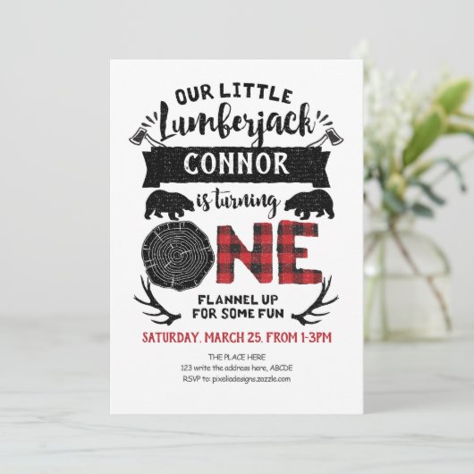 Lumberjack, Buffalo Kariert, Woodland, 1. Geburtst Einladung (Stehend Vorderseite)