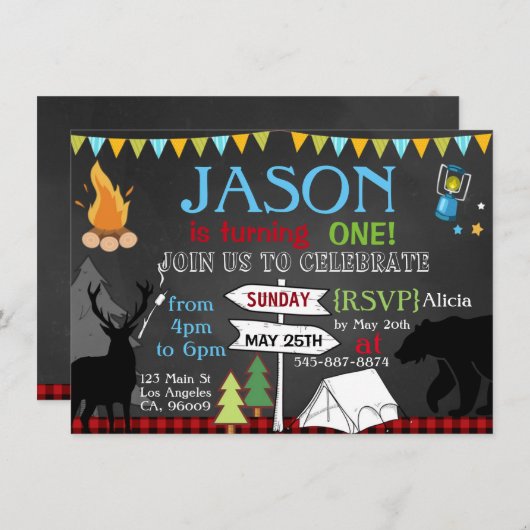 Lumberjack Camping zum ersten Geburtstag Einladung (Vorne/Hinten)