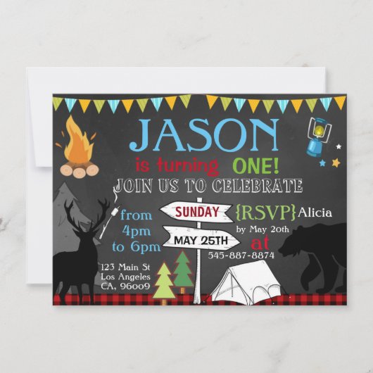 Lumberjack Camping zum ersten Geburtstag Einladung (Vorderseite)
