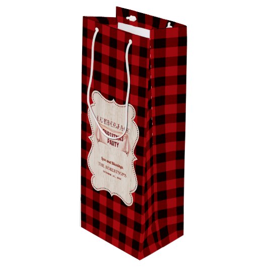 Lumberjack Christmas Party Red Buffalo Wood Geschenktüte Für Weinflaschen (Vorderseite Schrägansicht)