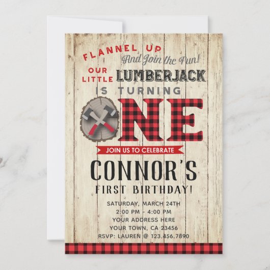 Lumberjack Einladung zum ersten Geburtstag (Vorderseite)