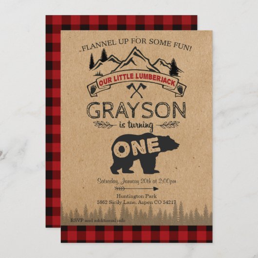 Lumberjack Einladung zum ersten Geburtstag - Bär (Vorne/Hinten)