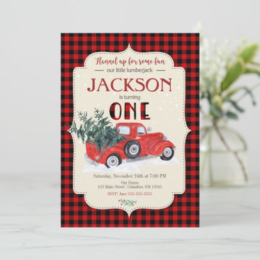 LUMBERJACK Einladung zum Geburtstag / Roter LKW (Stehend Vorderseite)