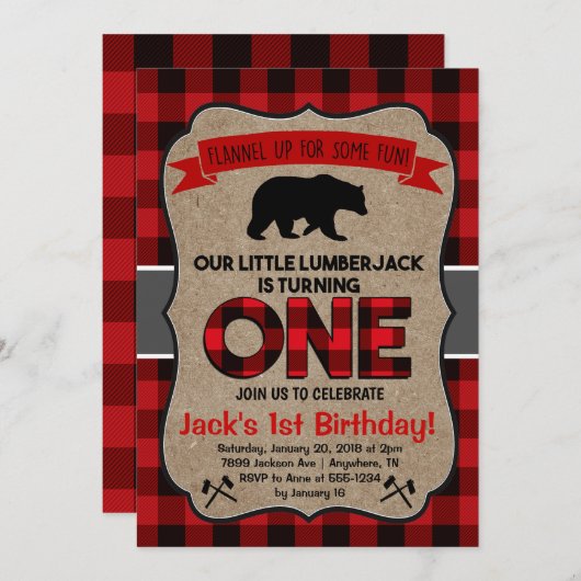 Lumberjack Erster Geburtstag Einladung (Vorne/Hinten)