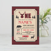 LUMBERJACK ERSTER GEBURTSTAG INVITE WOODLAND KARO EINLADUNG (Stehend Vorderseite)