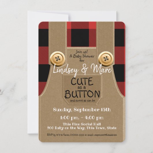 Lumberjack Flannel Niedlich als Button Baby Dusche Einladung (Vorderseite)