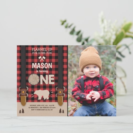 Lumberjack Geburtstag Einladung Woodland Kariert R (Stehend Vorderseite)