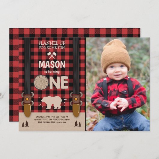 Lumberjack Geburtstag Einladung Woodland Kariert R (Vorne/Hinten)