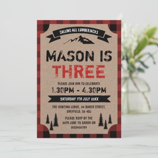 Lumberjack-Geburtstagsfeier Einladung (Stehend Vorderseite)