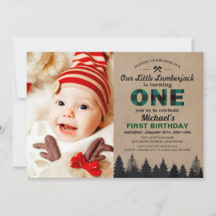 Lumberjack Green Kariert First Birthday Baby Foto Einladung