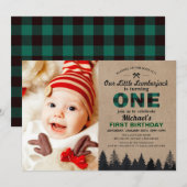 Lumberjack Green Kariert First Birthday Baby Foto Einladung (Vorne/Hinten)