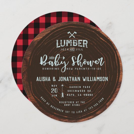Lumberjack & Jill Baby Boy Dusche Wood & Red Karie Einladung (Vorne/Hinten)