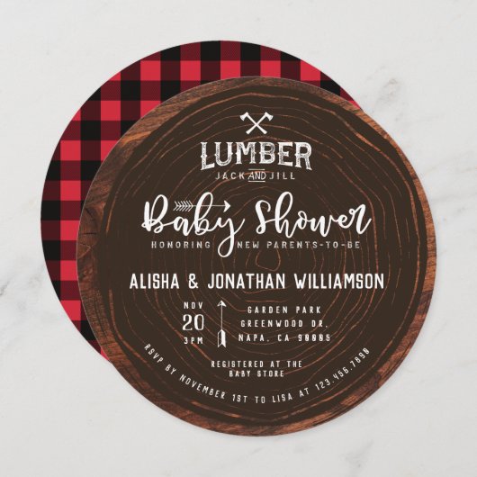 Lumberjack & Jill Baby Dusche Wood & Red Kariert Einladung (Vorne/Hinten)
