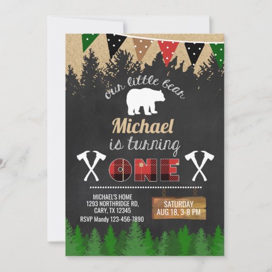 Lumberjack Junge Einladung zum 1. Geburtstag. (Vorderseite)