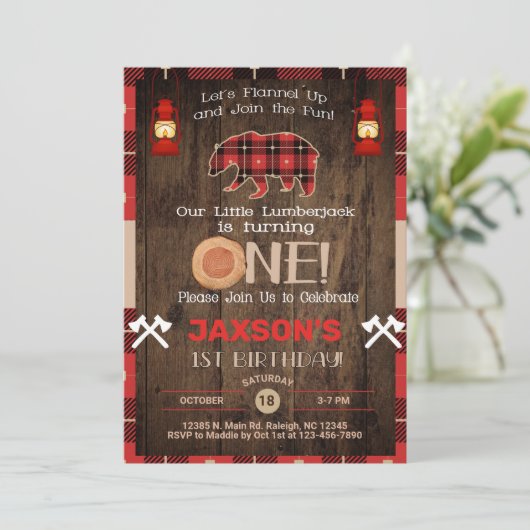 Lumberjack Junge Einladung zum 1. Geburtstag. (Stehend Vorderseite)