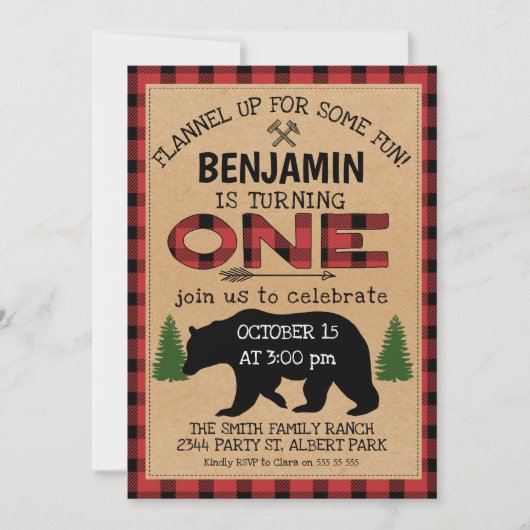 Lumberjack Kariert Bär Geburtstagseinladung Einladung (Vorderseite)