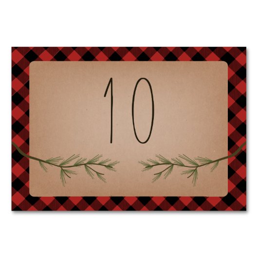 Lumberjack Kariert Evergreen Branches Wedding Tischnummer (Vorderseite)