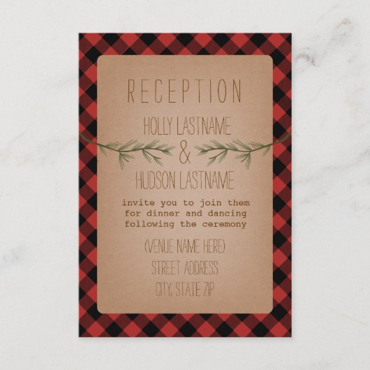 Lumberjack Kariert Evergreen Hochzeitsempfang Begleitkarte (Vorderseite)