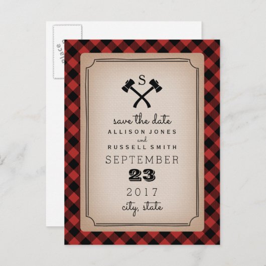 Lumberjack Kariert Monogram Ax Save the Date Ankündigungspostkarte (Vorne/Hinten)