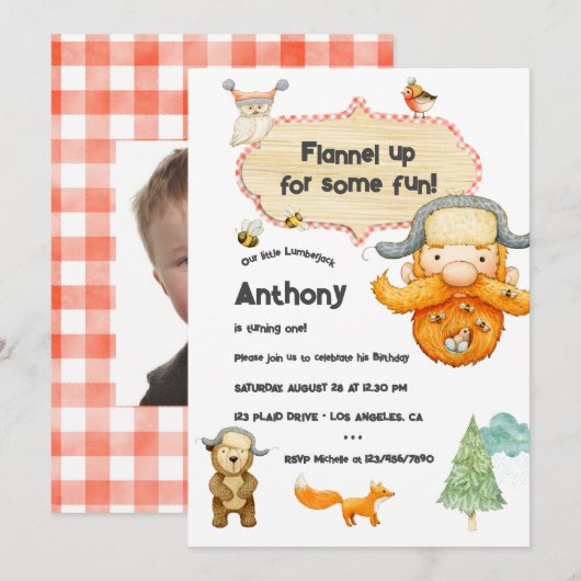 Lumberjack Kids Gingham Birthday Party Foto Einladung (Vorne/Hinten)