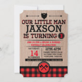 Lumberjack Kindergeburtstag, karierter rustikaler Einladung (Vorderseite)