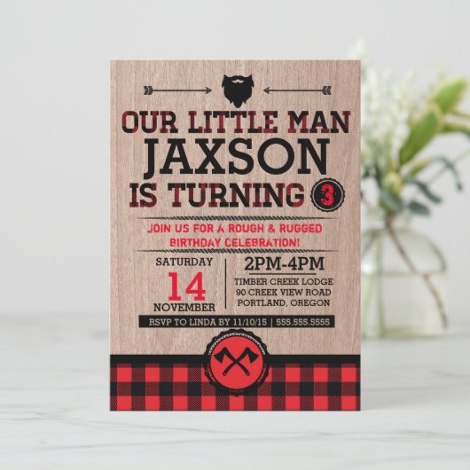 Lumberjack Kindergeburtstag, karierter rustikaler Einladung (Stehend Vorderseite)