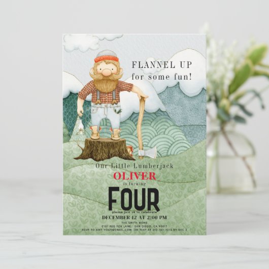 Lumberjack Mountains Buffalo Karierter Kindergebur Einladung (Stehend Vorderseite)