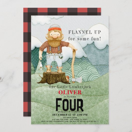 Lumberjack Mountains Buffalo Karierter Kindergebur Einladung (Vorne/Hinten)