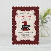 Lumberjack Red Buffalo Bär Geburtstag Eins Einladung (Stehend Vorderseite)