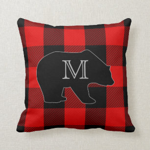 Lumberjack Red Buffalo Karo   Monogram Bear Kissen