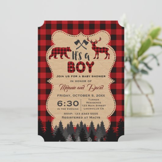 Lumberjack Red Buffalo Little Boy Baby Dusche Einladung (Stehend Vorderseite)