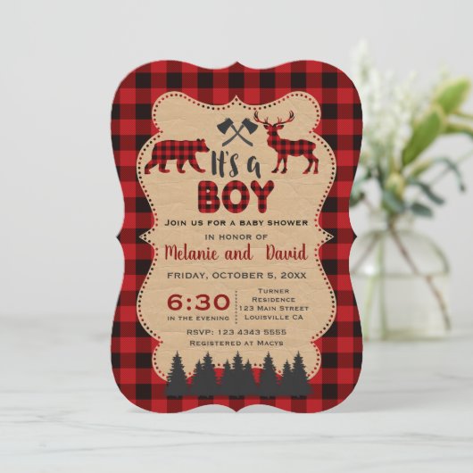 Lumberjack Red Buffalo Little Hunter Baby Dusche Einladung (Stehend Vorderseite)