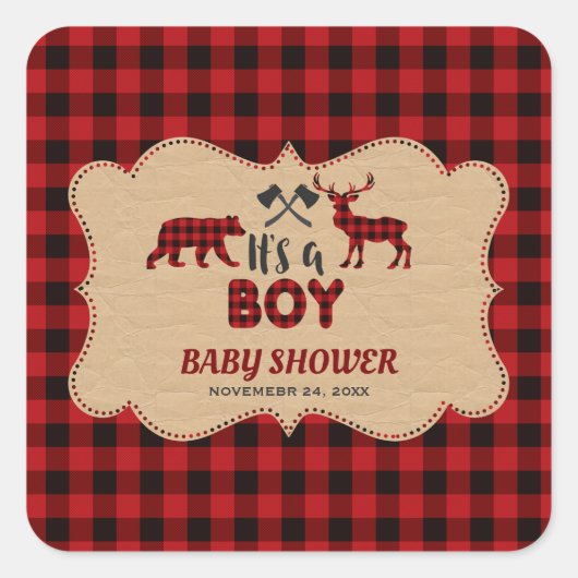 Lumberjack Red Buffalo Little Hunter Baby Dusche Quadratischer Aufkleber (Vorderseite)