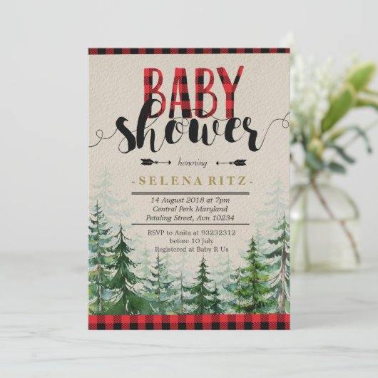 Lumberjack Red Kariert Boy Baby Shower Einladung (Stehend Vorderseite)