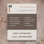 Lumberjack Services Flyer<br><div class="desc">Ein Flyer mit Axt-Illustration für Tischler, Holzarbeiter und Holzfäller (Baumentfernung und -schnitt, Brennholz, Stumpfschleifen u.v.m.).</div>