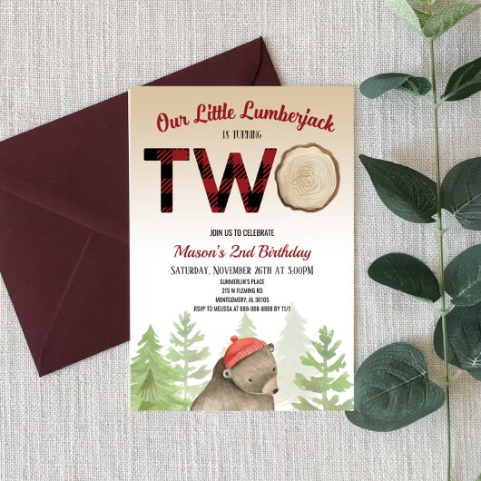 Lumberjack Wald Bear 2. Geburtstag Party Einladung