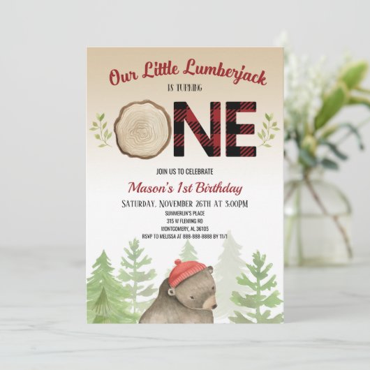 Lumberjack Waldbär 1. Geburtstag Party Einladung (Stehend Vorderseite)