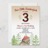 Lumberjack Waldbär 3. Geburtstag Party Einladung (Vorderseite)