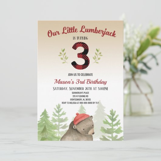 Lumberjack Waldbär 3. Geburtstag Party Einladung (Stehend Vorderseite)