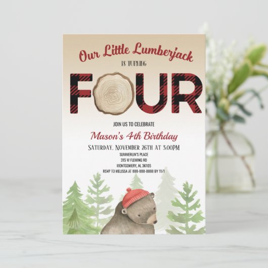 Lumberjack Waldbär 4. Geburtstag Party Einladung (Stehend Vorderseite)