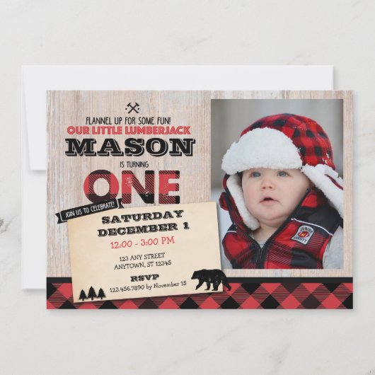 Lumberjack Wilderness Erster Geburtstag Einladung (Vorderseite)