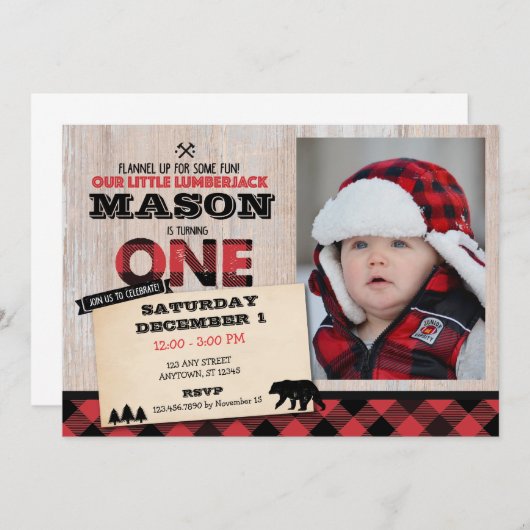 Lumberjack Wilderness Erster Geburtstag Einladung (Vorne/Hinten)