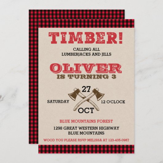 Lumberjack zum Geburtstag Einladung (Vorne/Hinten)