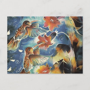 Lumineszierende Kolibris und Blumen Postkarte